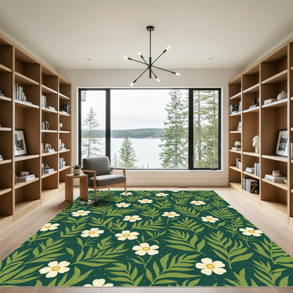 Green White Floral Botanical Garden Rug