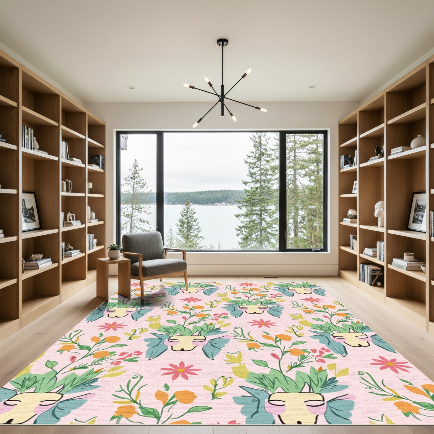Whimsical Floral Cat Face Pink Rug