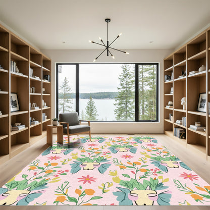 Whimsical Floral Cat Face Pink Rug