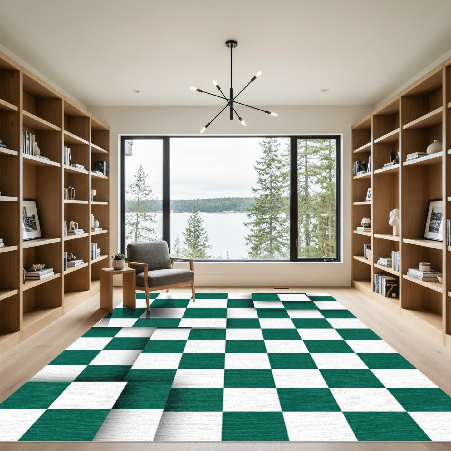 Modern Emerald Forest Checkerboard Layered Tile Rug