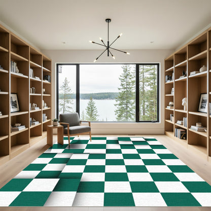 Modern Emerald Forest Checkerboard Layered Tile Rug