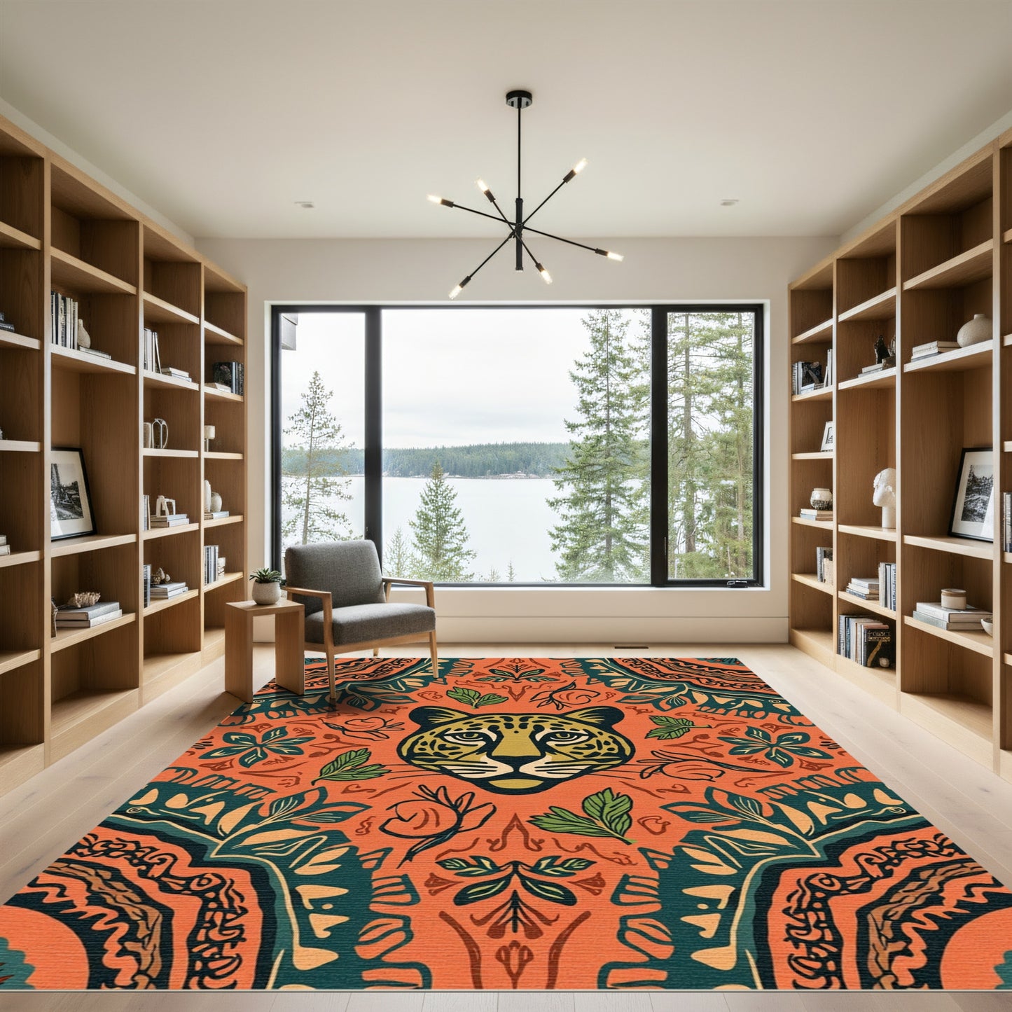 Vibrant Orange Jaguar Floral Collage Rug