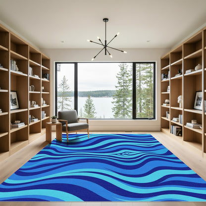 Deep Blue Wave Swirl Abstract Rug