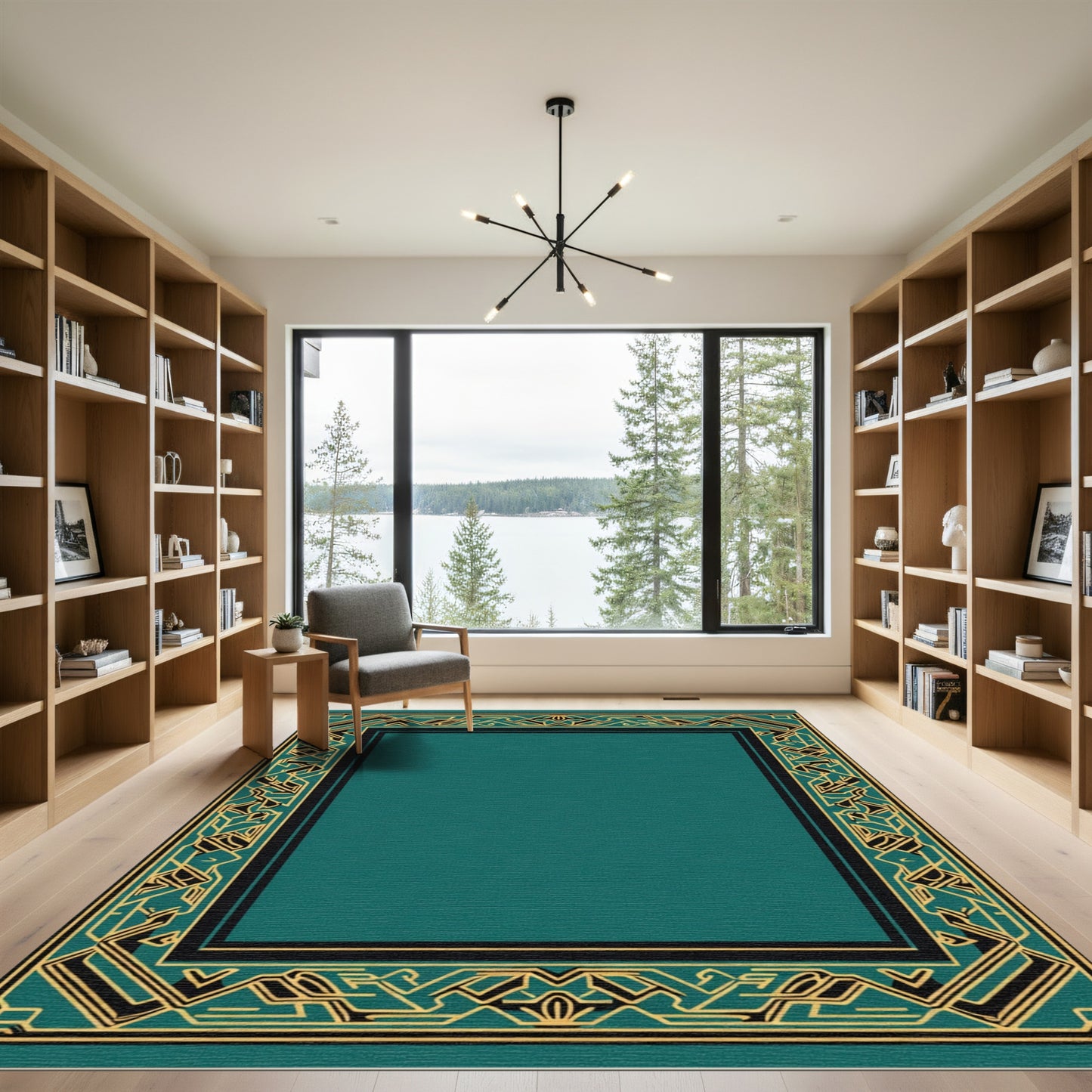 Teal and Gold Geometric Border Rug