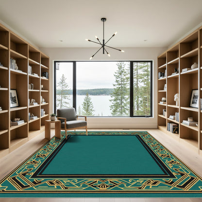 Teal and Gold Geometric Border Rug