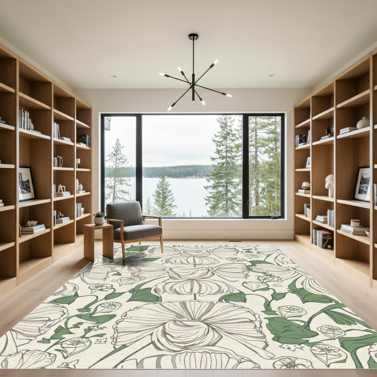 Cream Green Floral Botanical Vine Rug