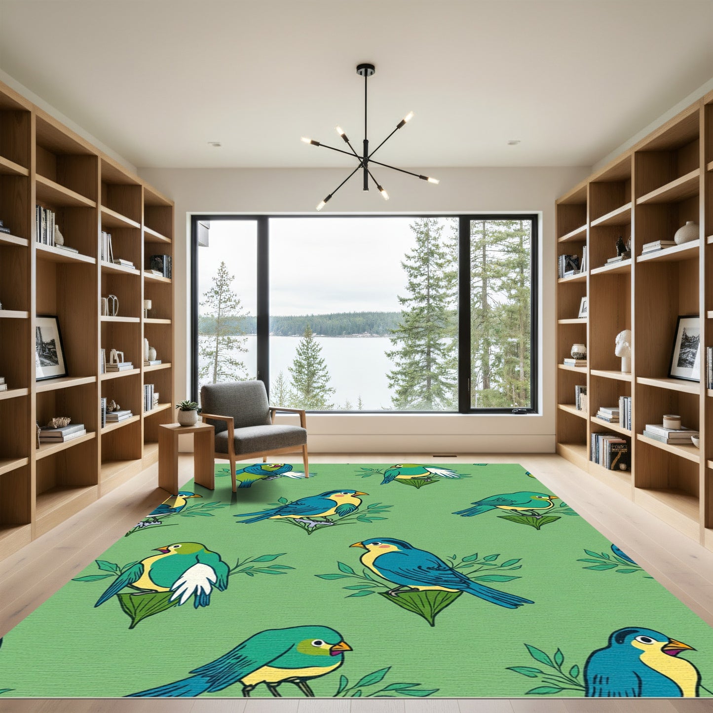Whimsical Blue Yellow Birds Garden Repeat Rug