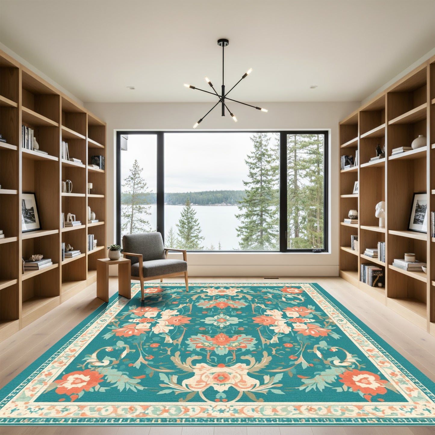Teal Coral Floral Scroll Harmony Rug