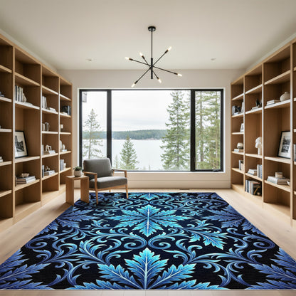 Cool Blue Baroque Swirl Floral Rug
