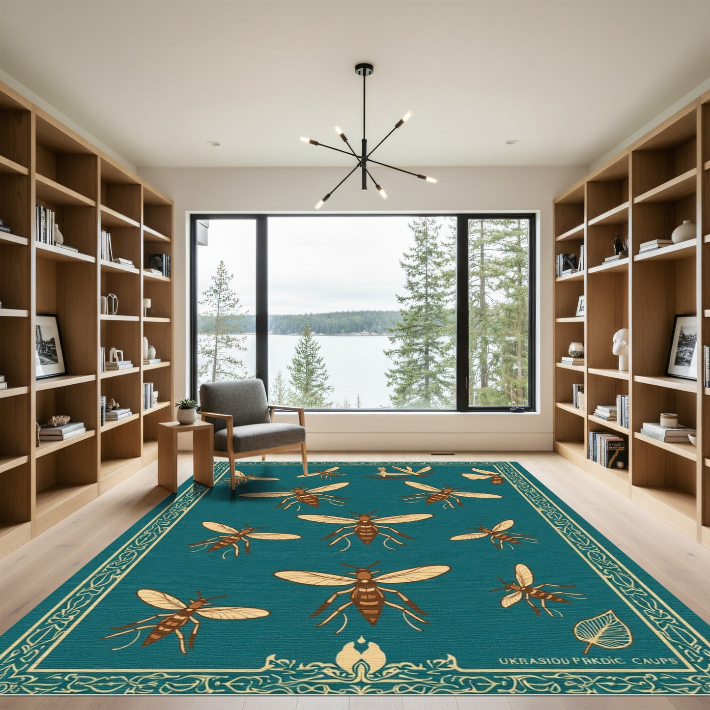Teal And Gold Insect Arrangement Rug