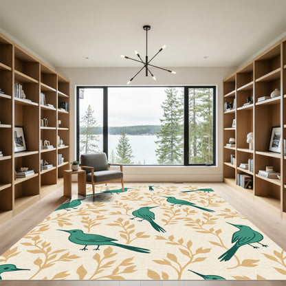 Teal Birds Tropical Foliage Cream Rug
