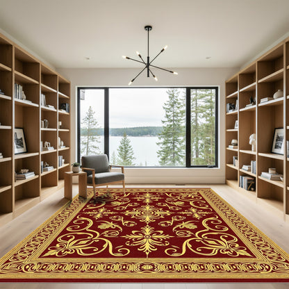 Deep Crimson Golden Vine Flourish Rug