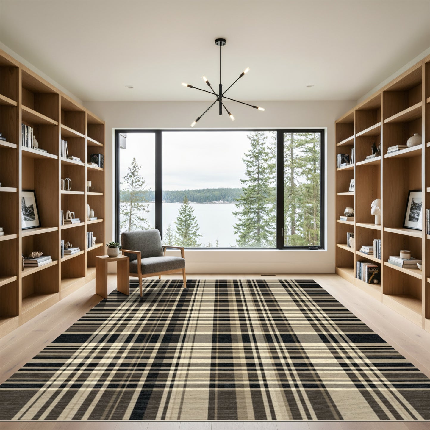 Classic Tan Black Plaid Lines Rug