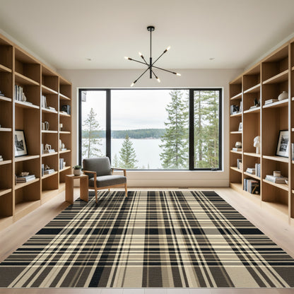 Classic Tan Black Plaid Lines Rug
