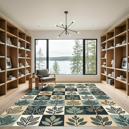 Earthy Tones Leafy Grid Composition Rug