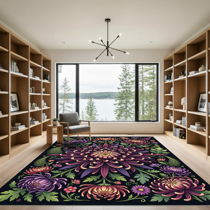 Ornate Dark Chrysanthemum Botanical Garden Rug
