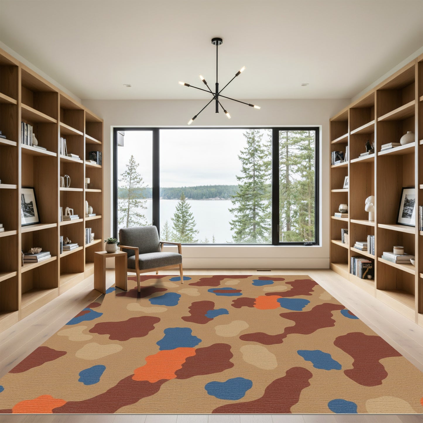 Brown Blue Abstract Camouflage Shapes Rug