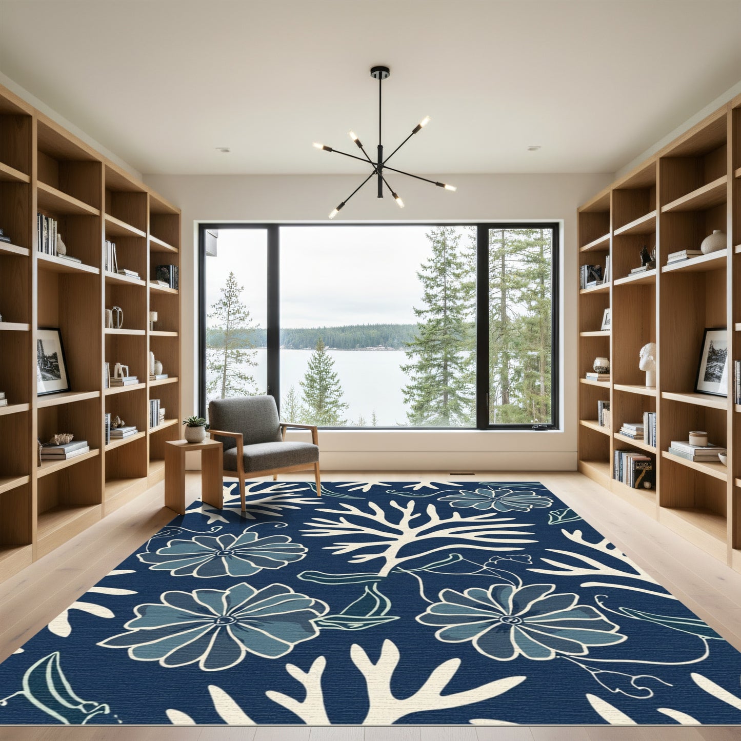 Navy Floral Branch Seaweed Rug