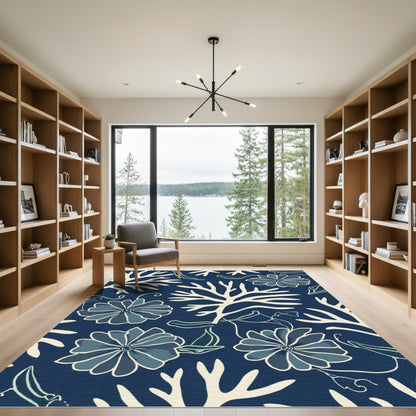Navy Floral Branch Seaweed Rug