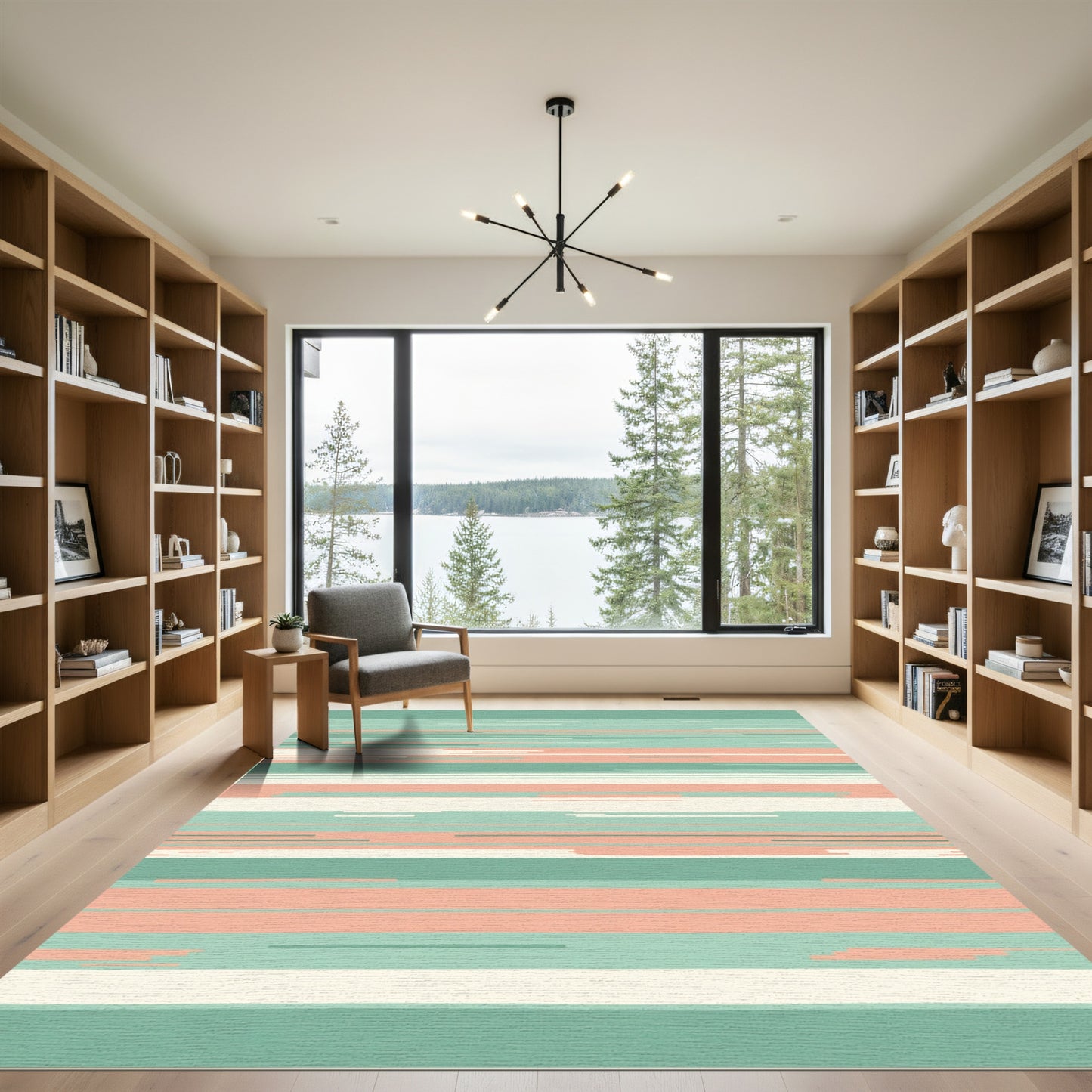 Teal Coral White Linear Stripe Rug