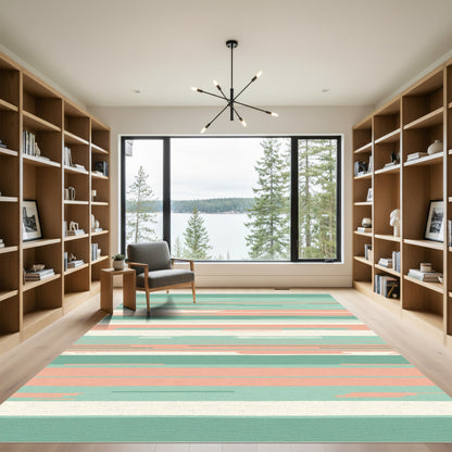 Teal Coral White Linear Stripe Rug
