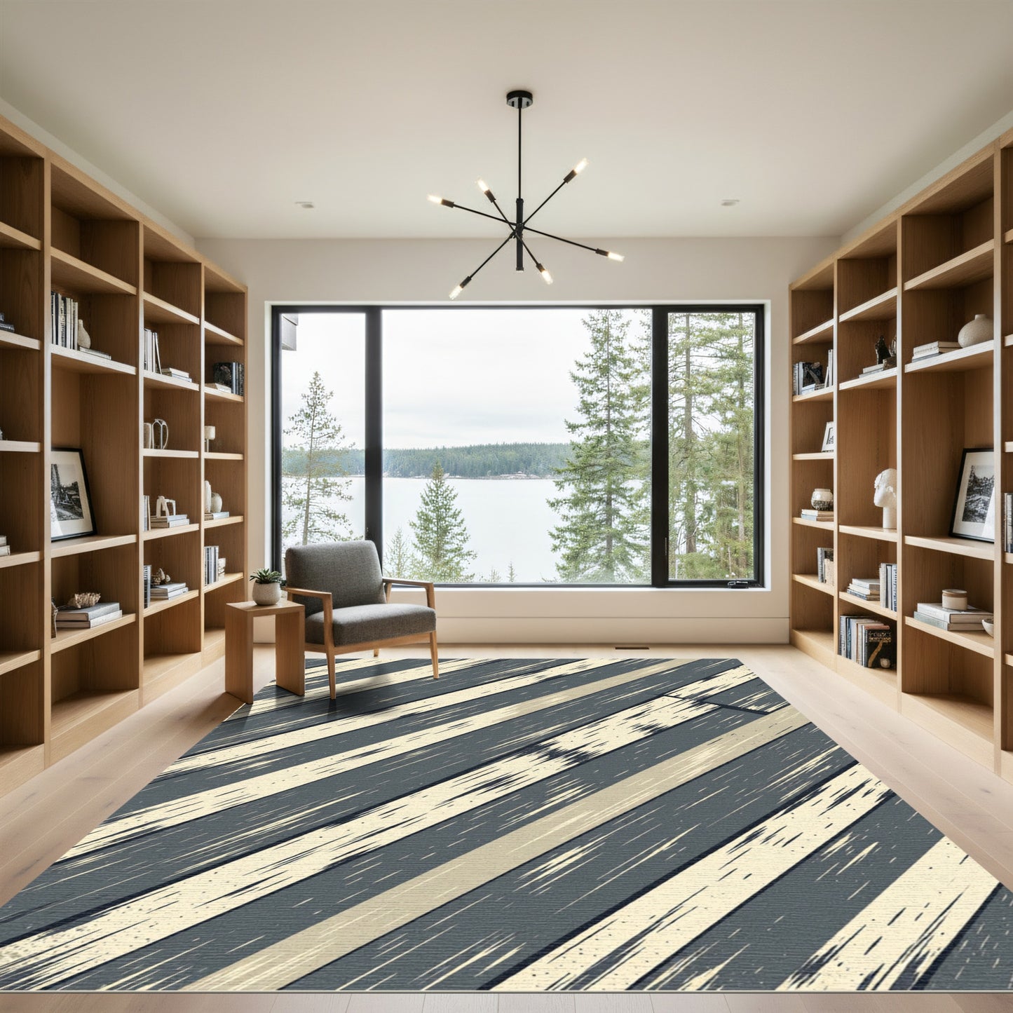Modern Charcoal Slate Diagonal Distressed Stripe Rug