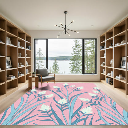 Soft Pink Teal Grass Bloom Rug