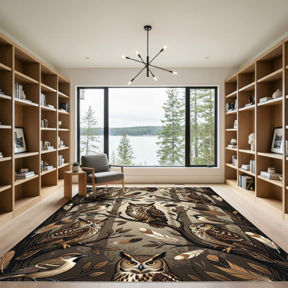 Earthy Forest Owl and Feather Illustration Rug