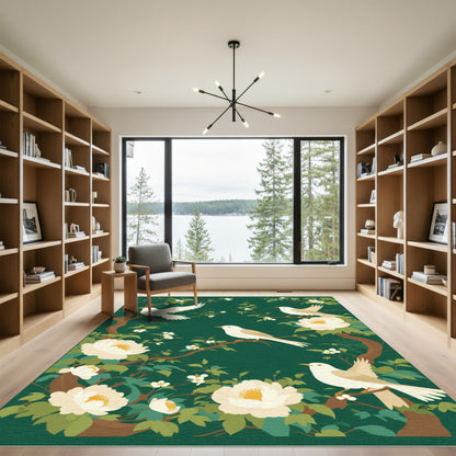 Cream Birds White Flowers Dark Green Forest Rug