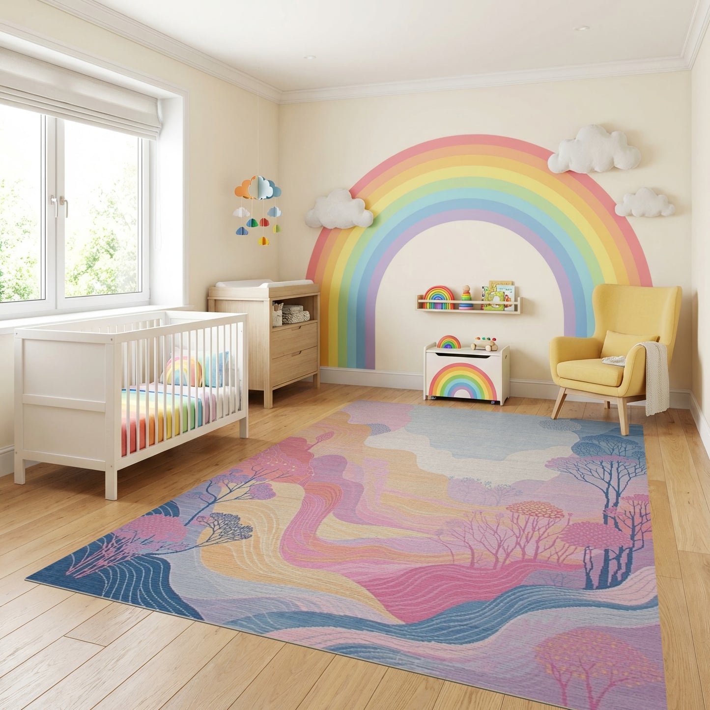 Dreamy Wavy Pastel Mountain Trees Rug