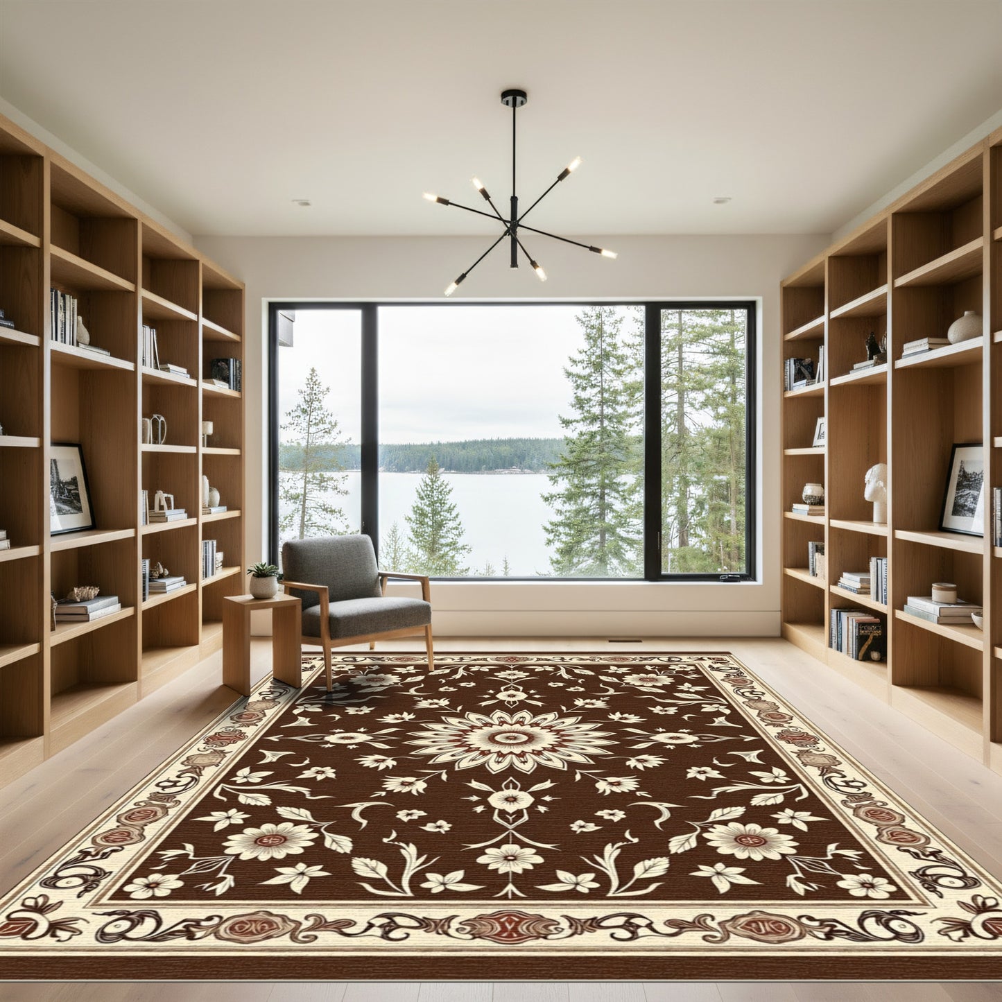 Rich Brown Ivory Floral Medallion Rug