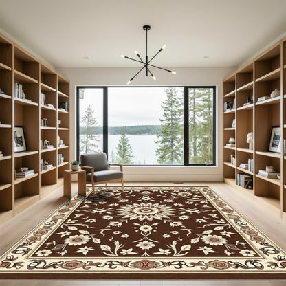 Rich Brown Ivory Floral Medallion Rug
