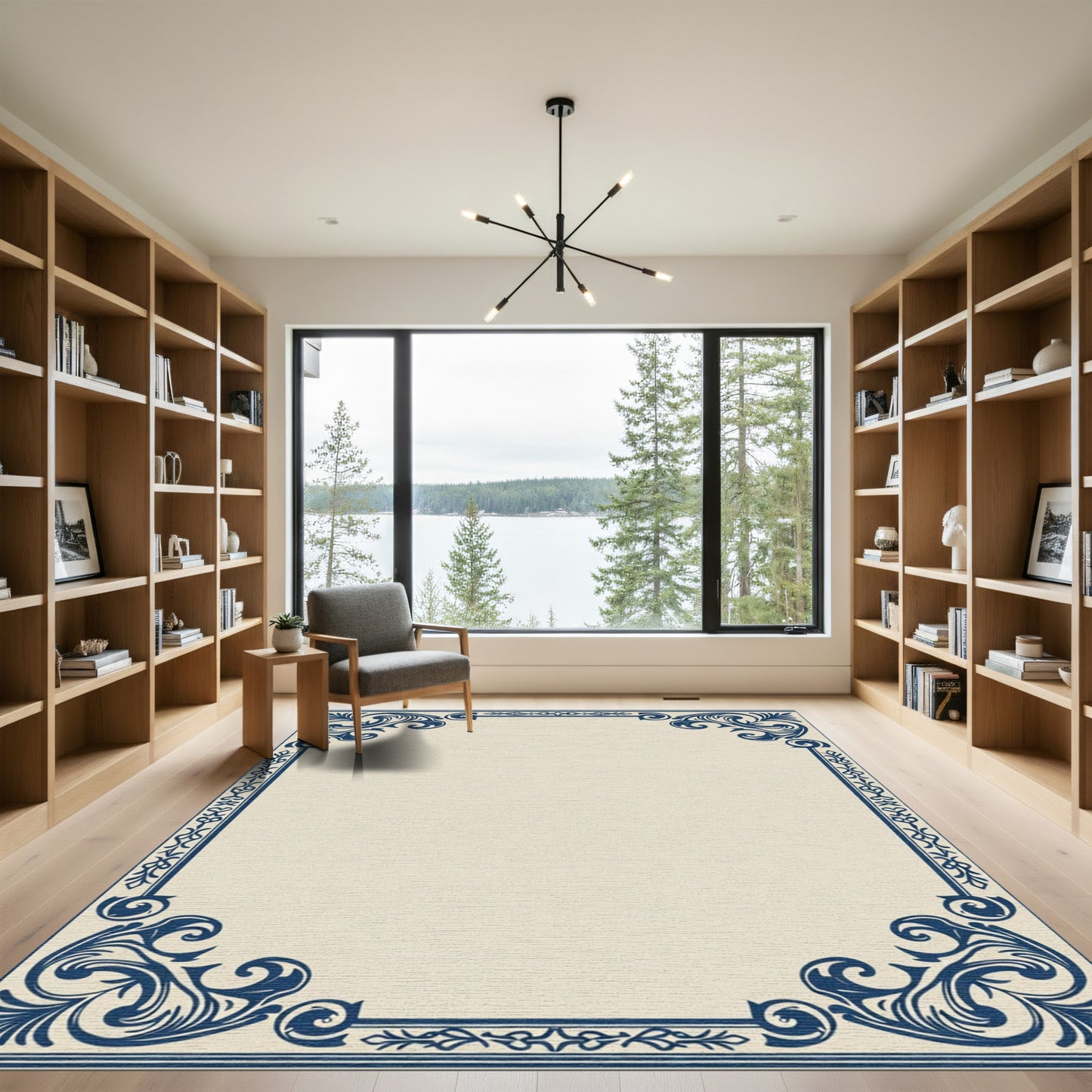 Navy Blue Ornate Flourish Border Rug
