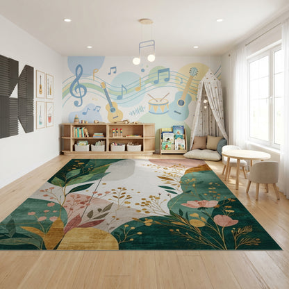 Emerald Green Gold Foliage Abstract Rug
