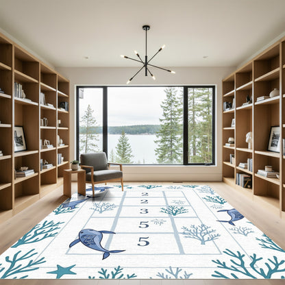 Blue Dolphin Coral Grid Watercolor Rug