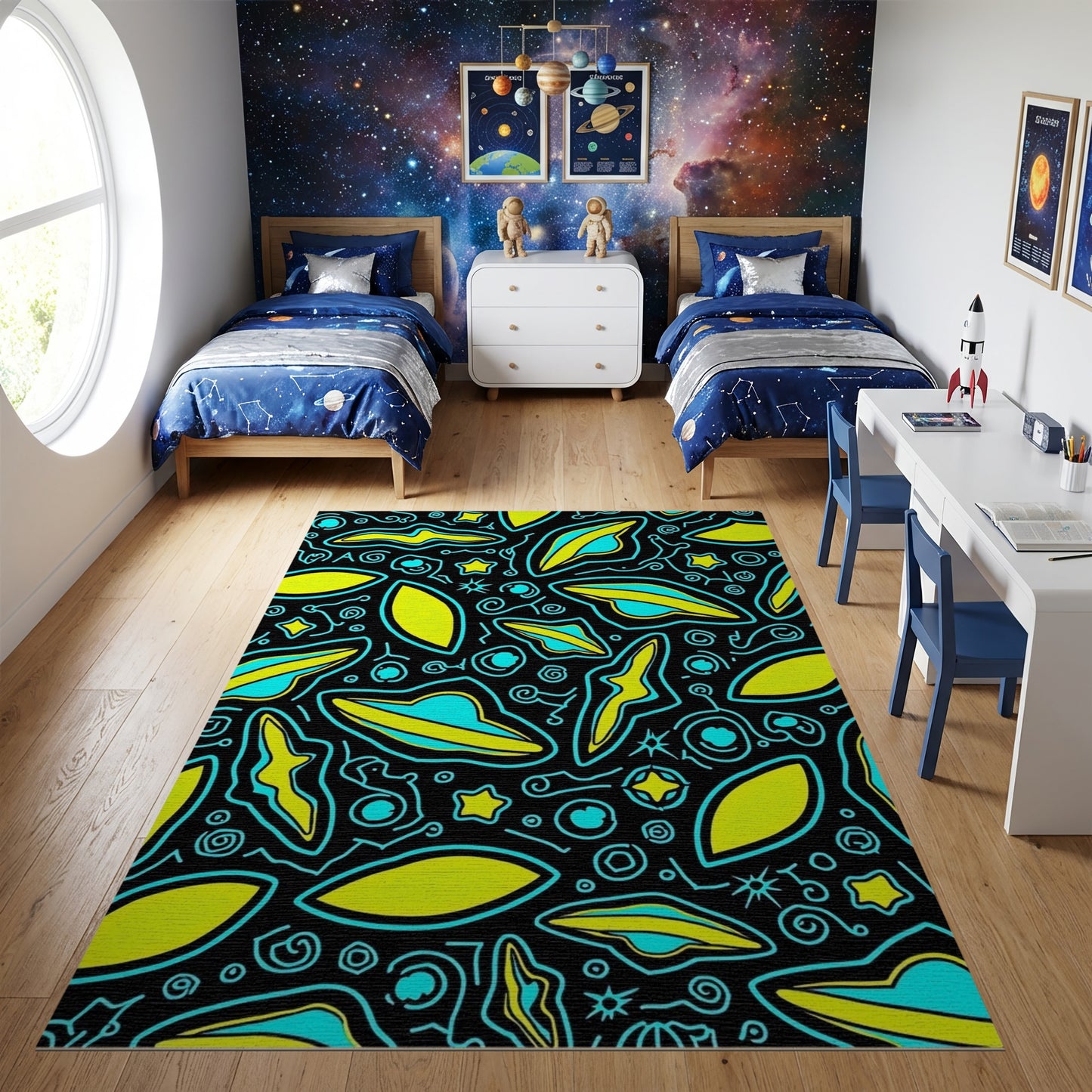 Black Yellow Teal UFO Stars Whimsical Rug