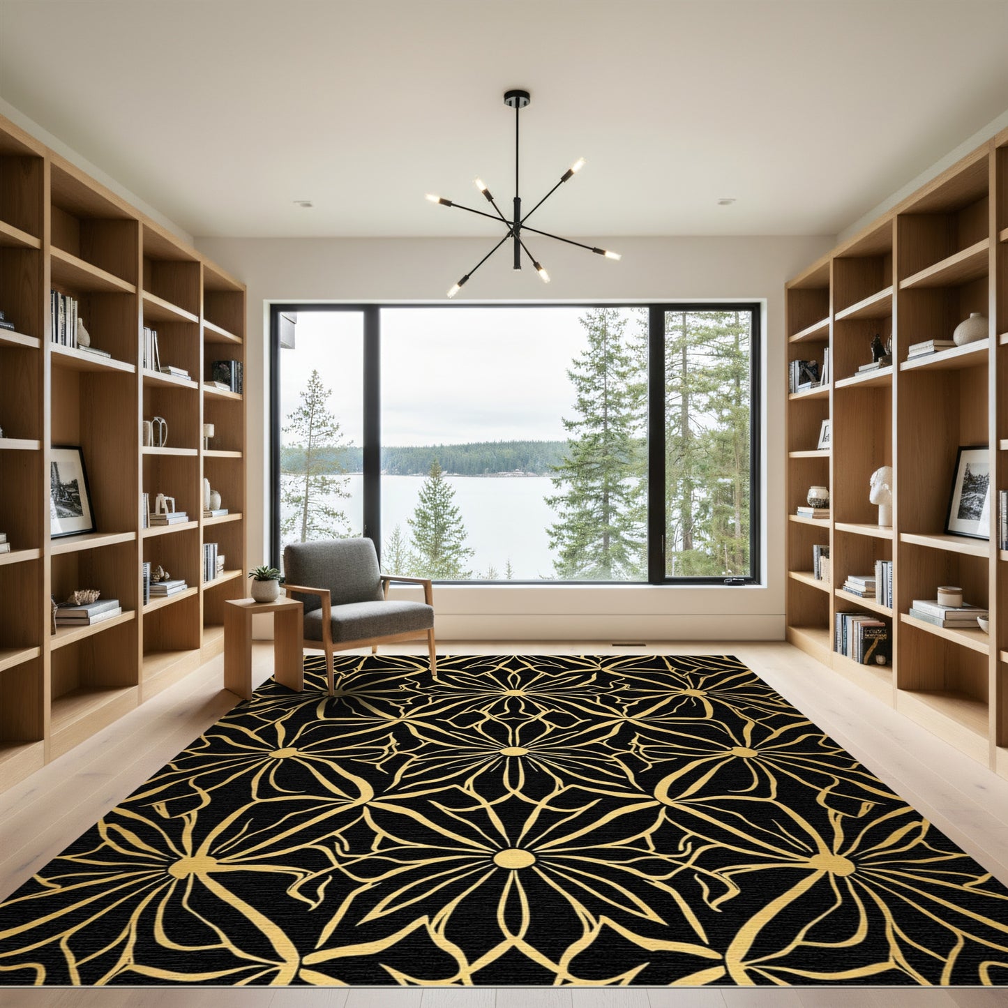 Golden Art Nouveau Floral Black Rug