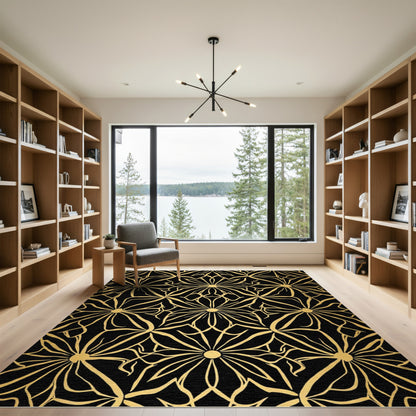 Golden Art Nouveau Floral Black Rug