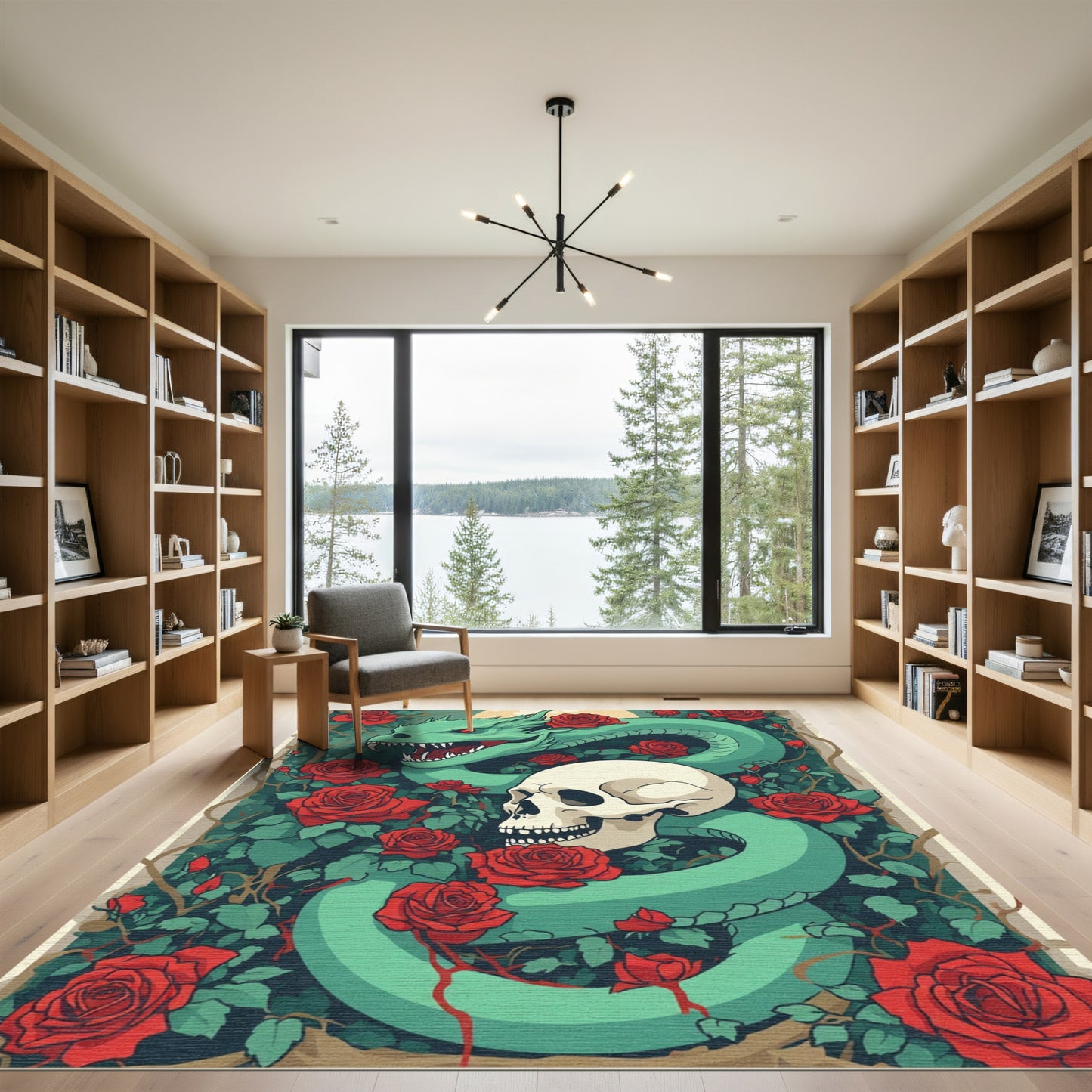 Green Dragon Skull Red Roses Garden Rug
