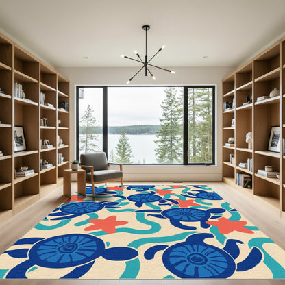 Blue Sea Turtle Coral Starfish Waves Rug