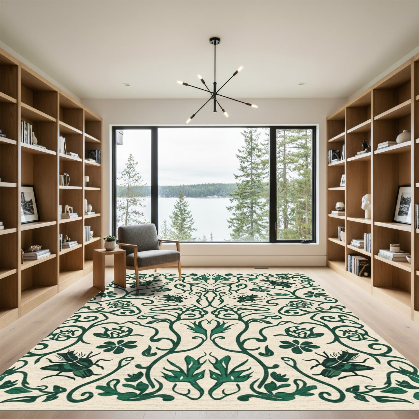 Dark Green Beetle Floral Scroll Rug