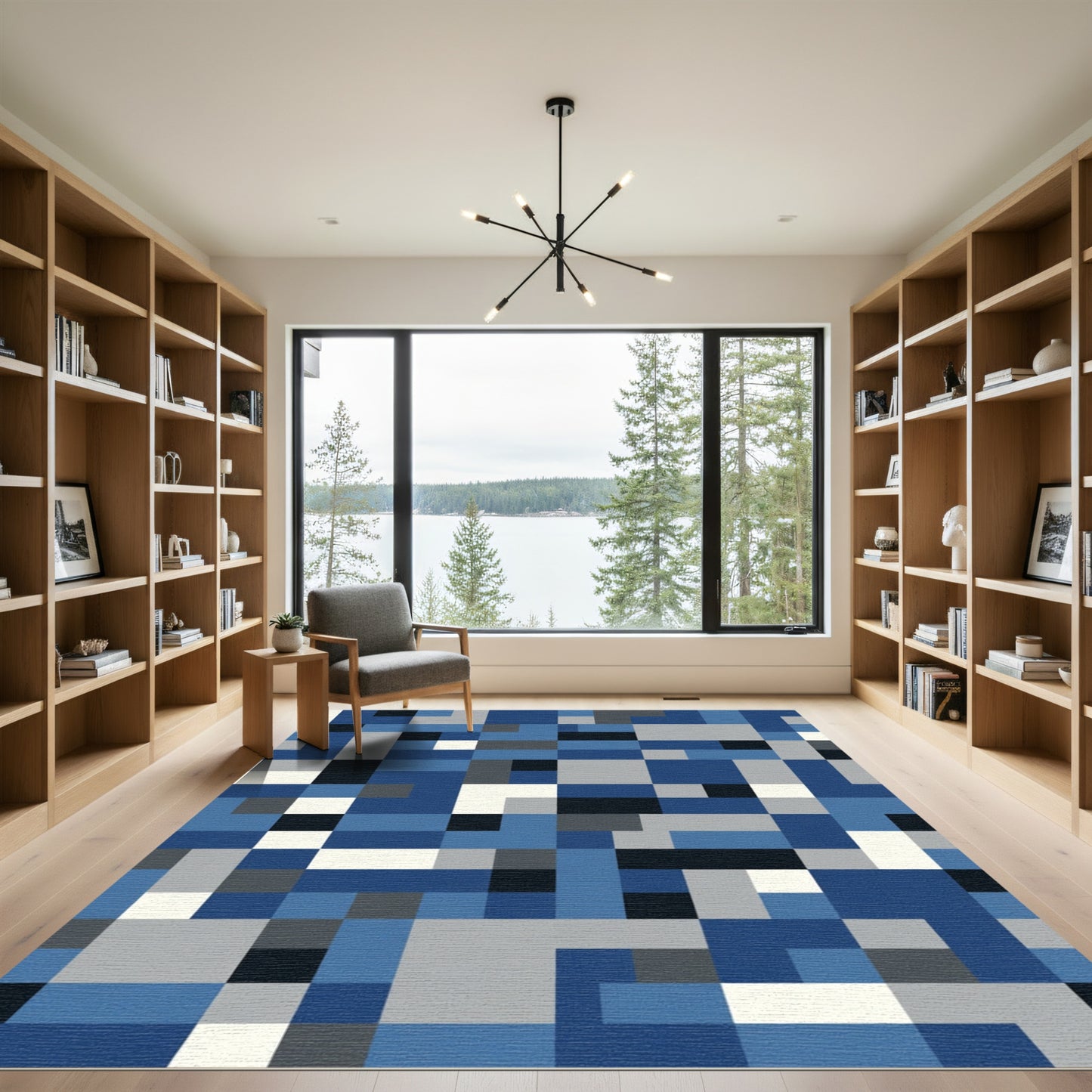 Blue Gray White Abstract Geometric Squares Rug