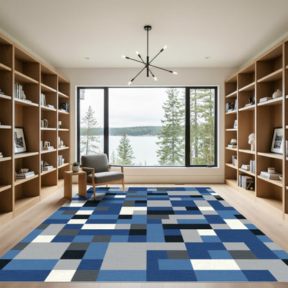 Blue Gray White Abstract Geometric Squares Rug