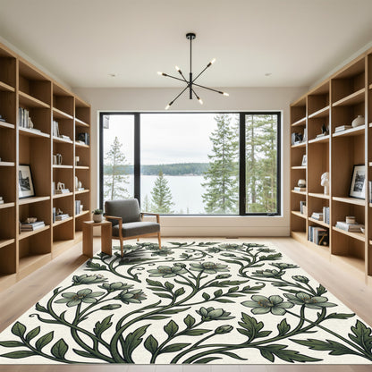 Sage Green Botanical Floral Scroll Rug