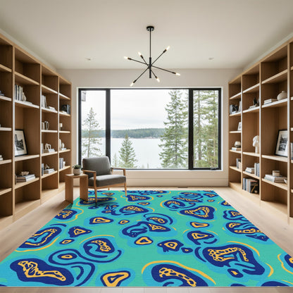 Teal Blue Yellow Organic Bloom Rug