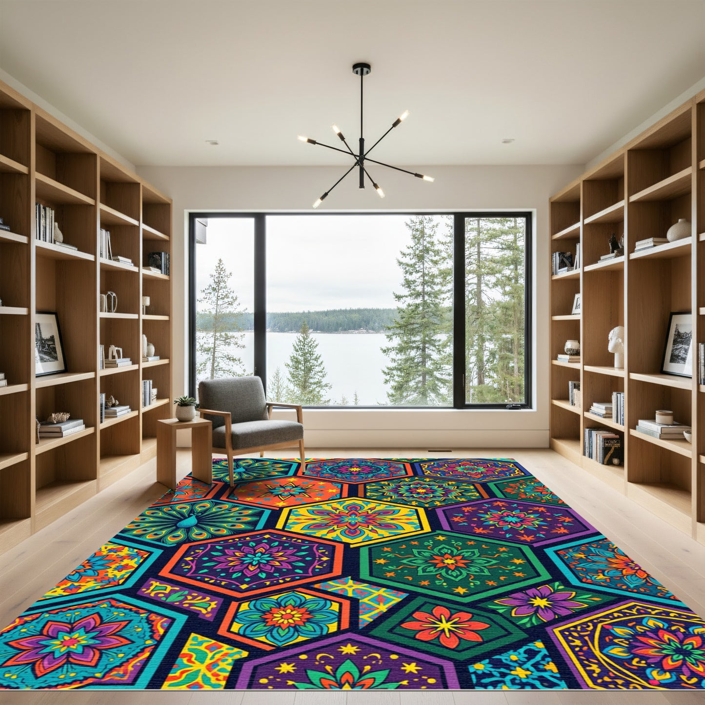 Vibrant Colorful Hexagonal Floral Mosaic Rug