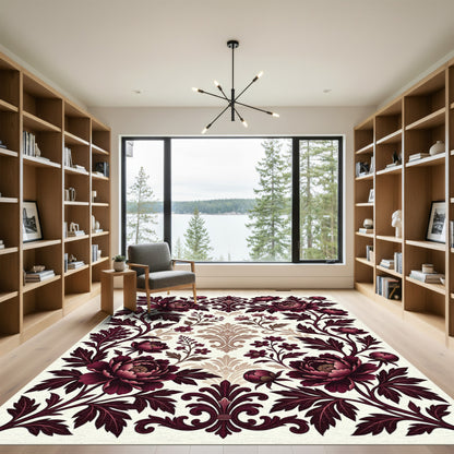 Elegant Burgundy Floral Damask Botanical Rug
