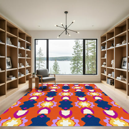Vibrant Orange Abstract Geometric Medallion Rug