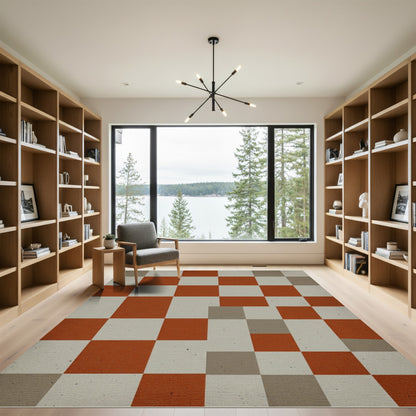 Modern Burnt Orange and Gray Grid Rug