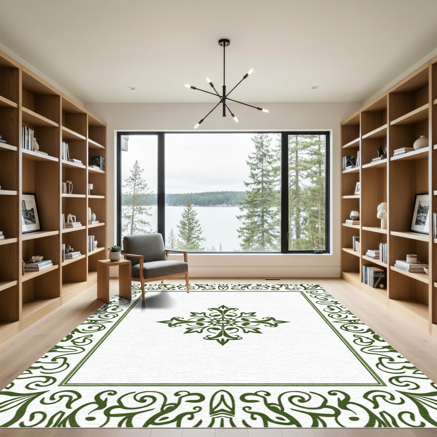 Dark Green Ornate Floral Medallion Frame Rug